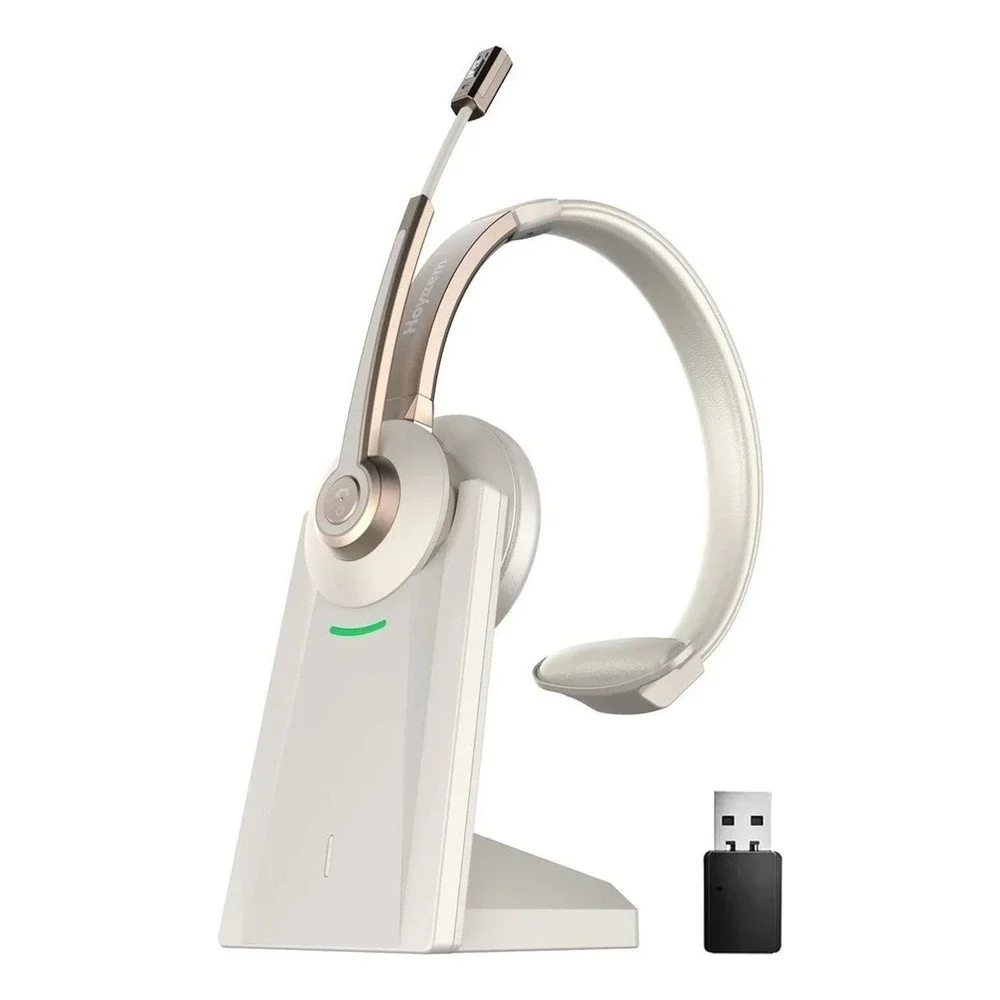Hoyzzem Wireless Bluetooth 5.0 Headset with Mic & Charging Base USB Dongle White